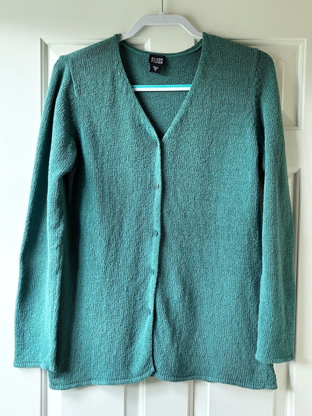Eileen Fisher  V-Neck Button Up Cardigan Sweater Long Sleeve Teal Green Size S